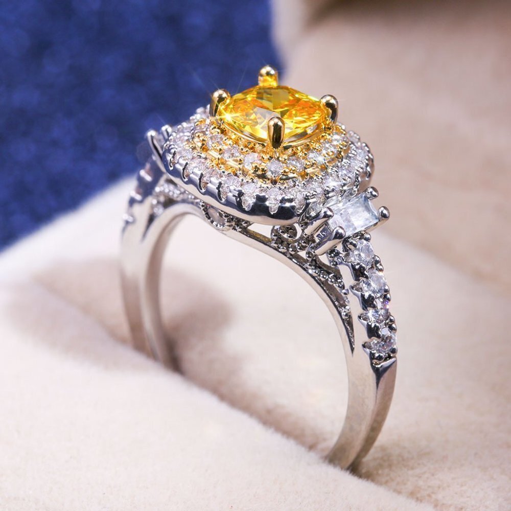 🍁 Noble Round Yellow Gemstone Square Diamond Silver Ring for Women,VIP244